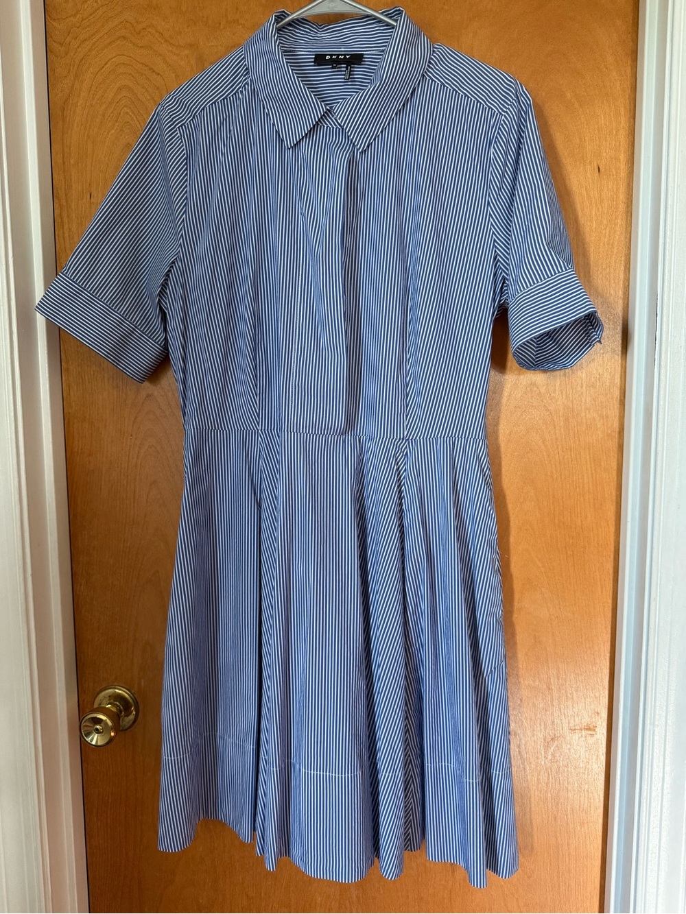 Dkny Blue and White Striped Collared Shirt Dress